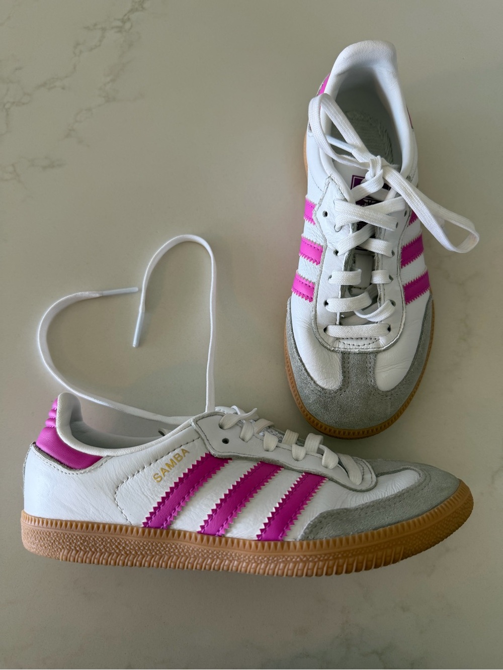 adidas Kids Samba Sneakers in White & Pink with Gum Sole